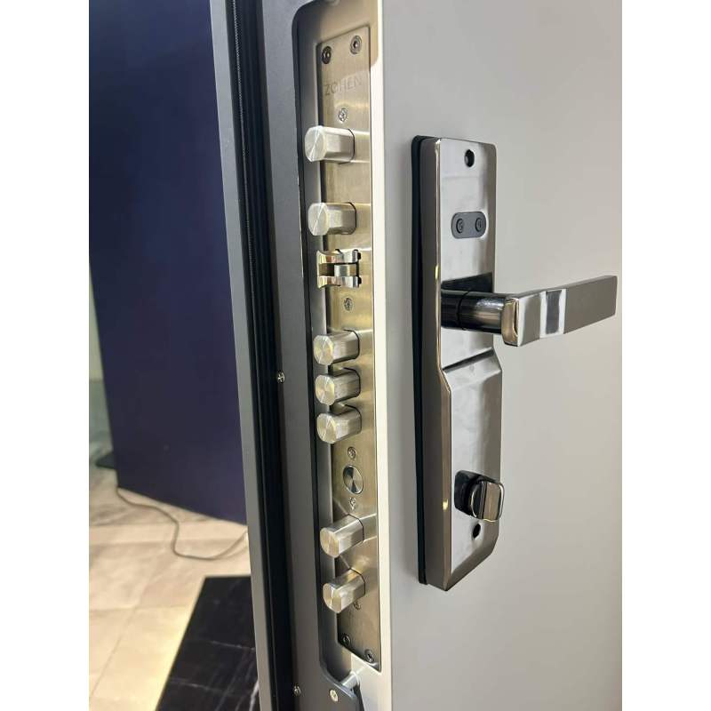 Modern Black Steel Security Entrance Door with Minimalist Flat Panel and Vertical Pull Handle Custom Size Metal Front Door