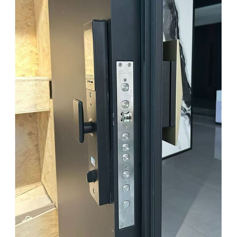 Modern Wood Grain Steel Exterior Security Villa Door With Smart Fingerprint Lock