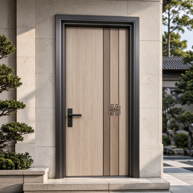 Two Tone Light Wood with Chinese Knot Pattern Wind Resistant Steel Security Door for Private Home Outdoor Use
