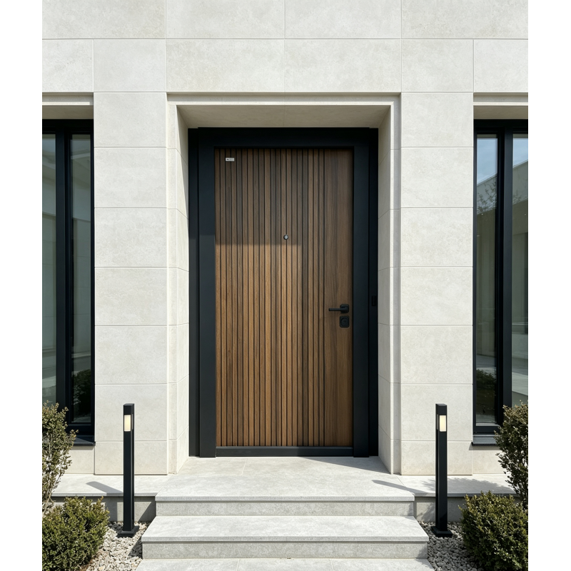 Vertical Slatted Walnut Wood Grain Exterior Door with Black Frame and Peephole for Villas