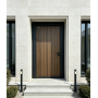 Vertical Slatted Walnut Wood Grain Exterior Door with Black Frame and Peephole for Villas