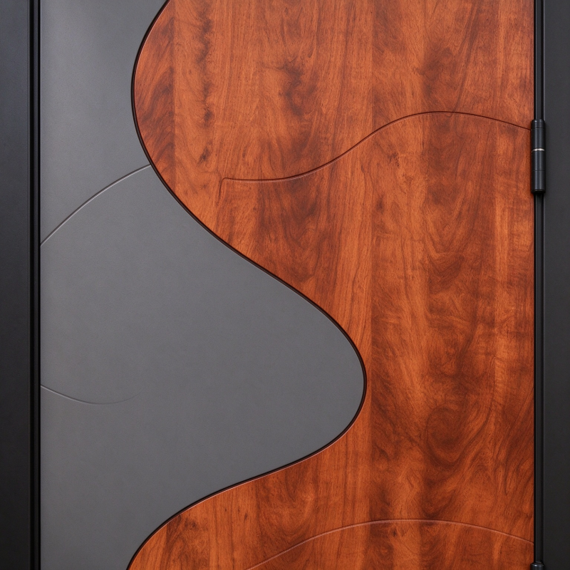 Russia Door Matte Dark Grey Steel Door with Curved Red Wood Grain Panel for Villa Entrance