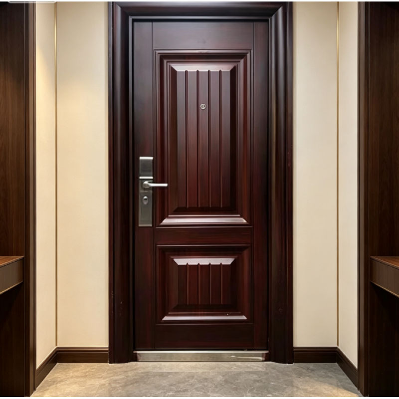 Traditional Embossed Panel Steel Single Entry Door, Dark Reddish Brown Wood Texture Security Door for Apartment Entrance