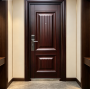 Traditional Embossed Panel Steel Single Entry Door, Dark Reddish Brown Wood Texture Security Door for Apartment Entrance