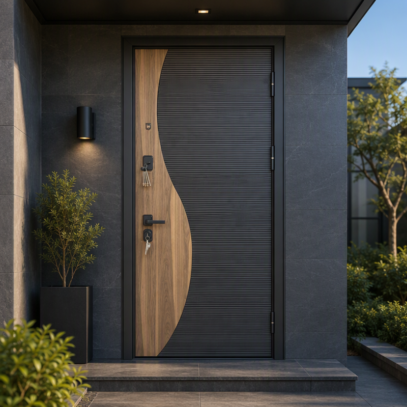 Russia Door Black Ribbed Steel Door with Wavy Light Timber Pattern for House Front Entry