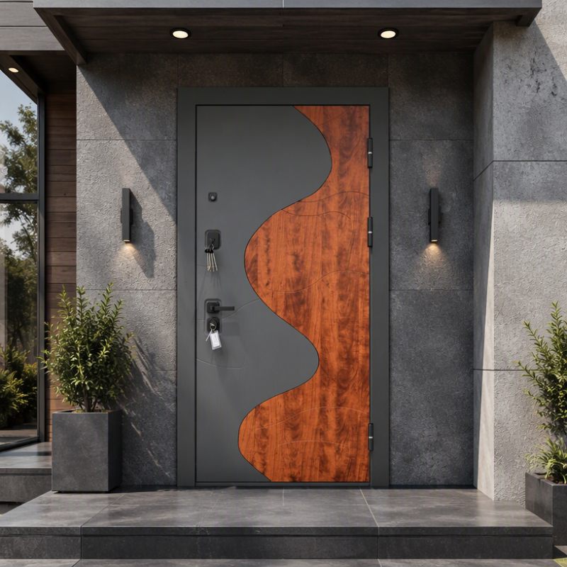 Russia Door Matte Dark Grey Steel Door with Curved Red Wood Grain Panel for Villa Entrance