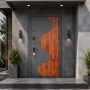 Russia Door Matte Dark Grey Steel Door with Curved Red Wood Grain Panel for Villa Entrance