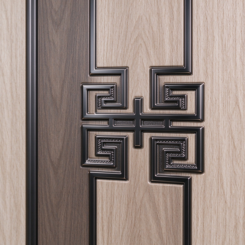 Two Tone Light Wood with Chinese Knot Pattern Wind Resistant Steel Security Door for Private Home Outdoor Use