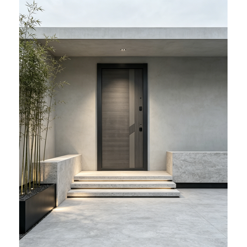 Russia Door with Grey Wood Grain Geometric Panel Heat Insulation for Minimalist Villa Entryway