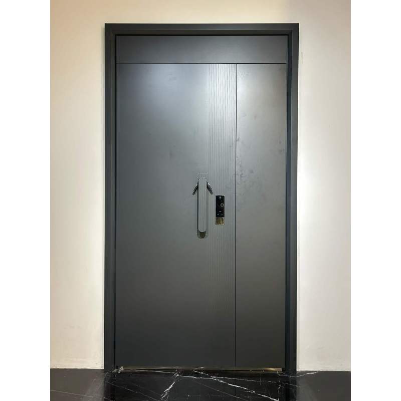 Modern Black Steel Security Entrance Door with Minimalist Flat Panel and Vertical Pull Handle Custom Size Metal Front Door