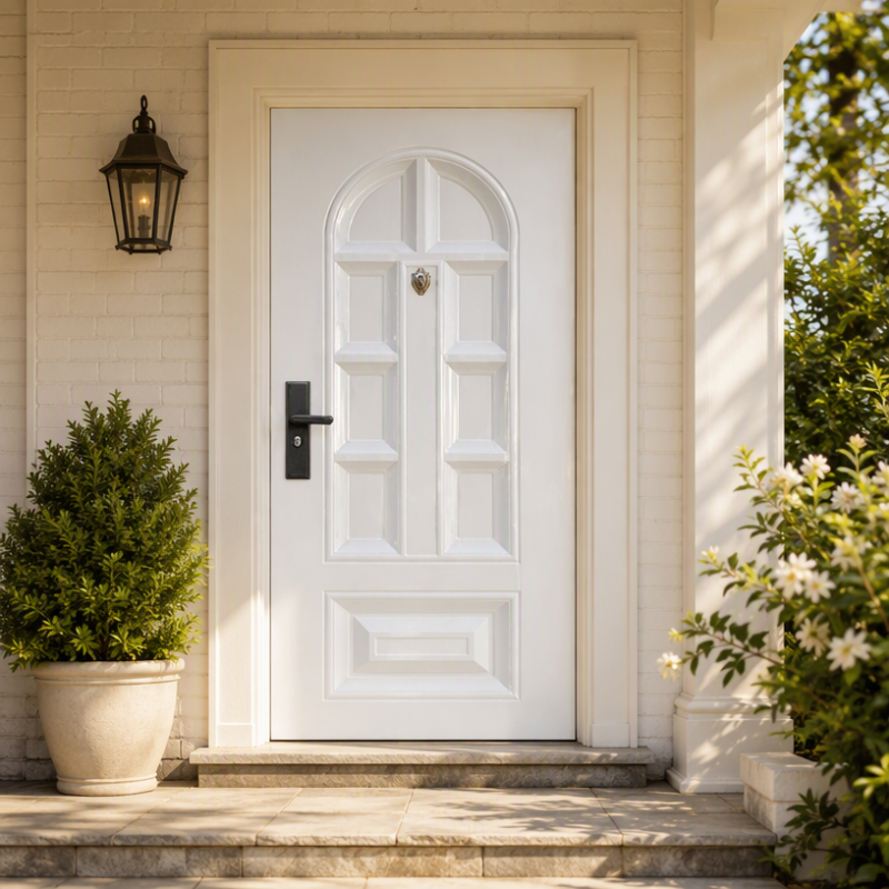 White Arched Panel Steel Security Door, American Style Villa Exterior Front Entry Anti-Theft Door