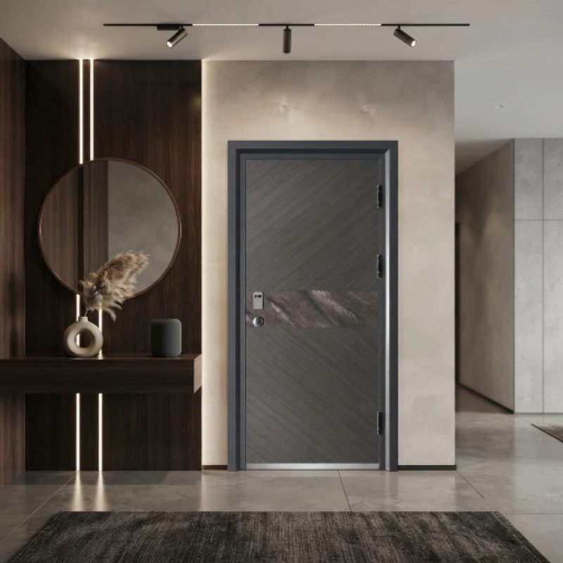 Modern Smart Steel Security Door with Minimalist Gray Panel Design Contemporary Hardware Entrance Door