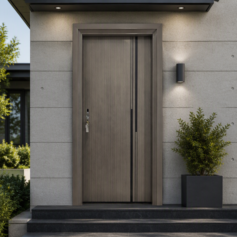 Smoked Oak Grey Wood Grain Steel Security Door with Asymmetric Black Linear Inlays for Luxury Villas