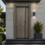 Smoked Oak Grey Wood Grain Steel Security Door with Asymmetric Black Linear Inlays for Luxury Villas
