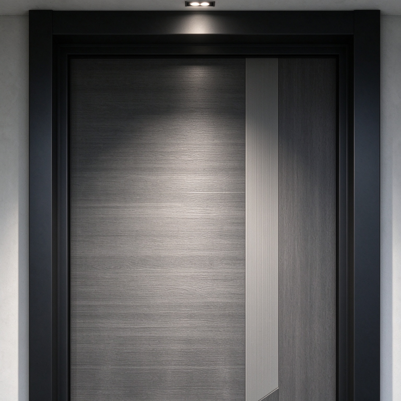Russia Door with Grey Wood Grain Geometric Panel Heat Insulation for Minimalist Villa Entryway