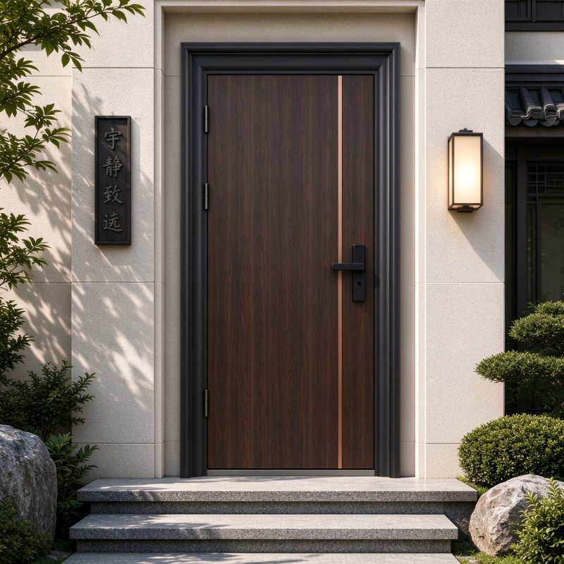 Steel Door of Dark Brown Wood Finish Steel Door for European Style Villa Building Entry