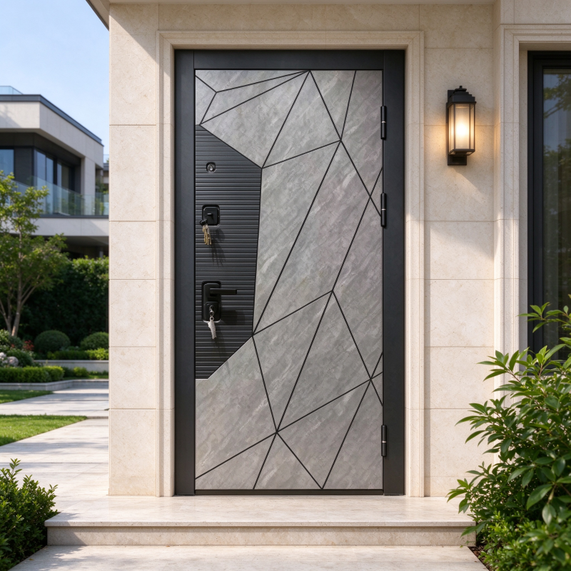 Russia Door with Grey Stone Texture and Geometric Lines High Security for Villa Main Entry