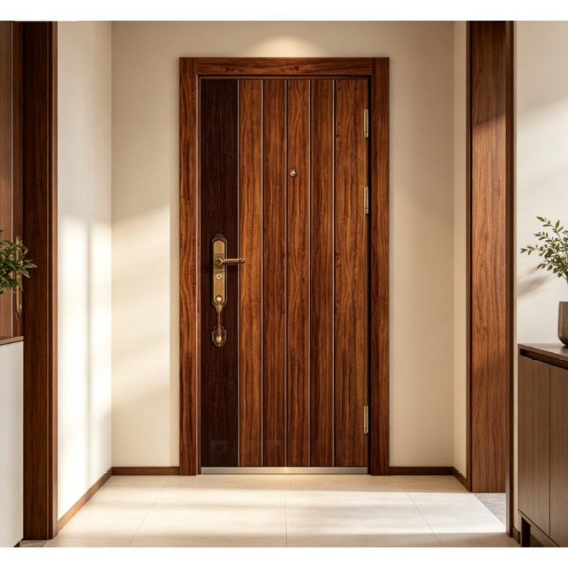 Vertical Grooved Steel Entry Door, Wood Grain Security Door for Home