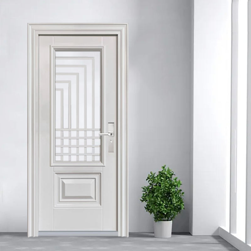 White Steel Security Single Entry Door With Decorative Art Glass Window Reinforced Steel Structure Custom Size For House Apartment Residential Main Entrance