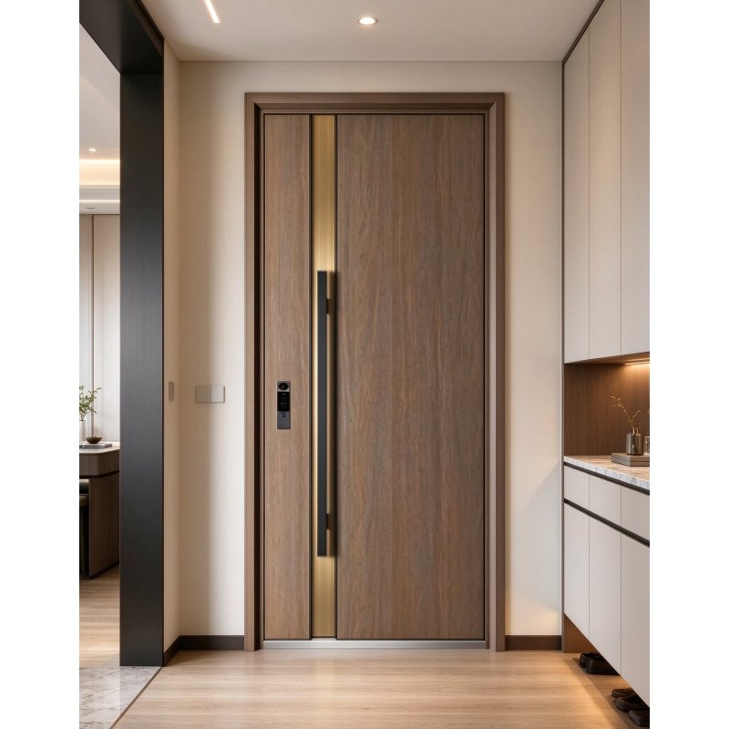 Modern Wood Grain Interior Smart Door with Gold Strip & Long Pull Handle for Home Entrance