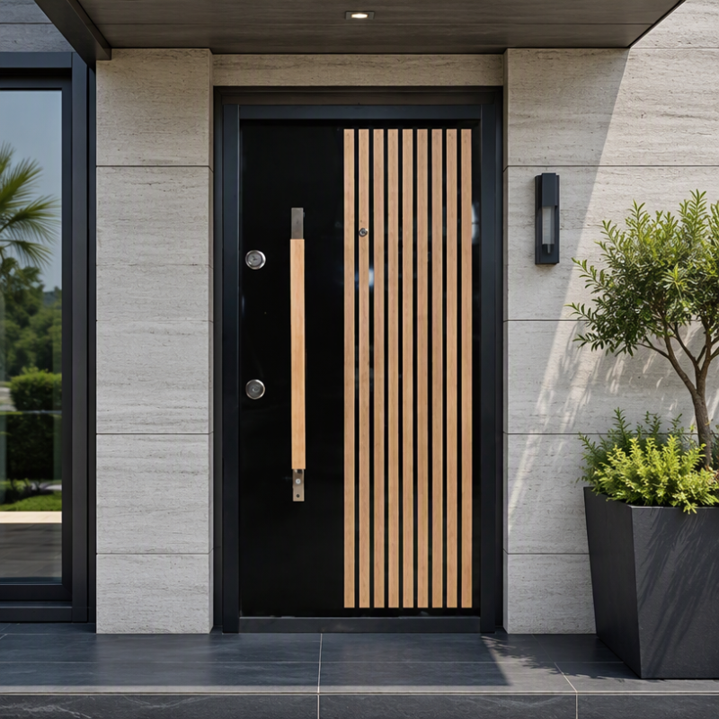 Russia Door Glossy Black Steel Door with Vertical Wood Slat Pattern for Villa Entrance