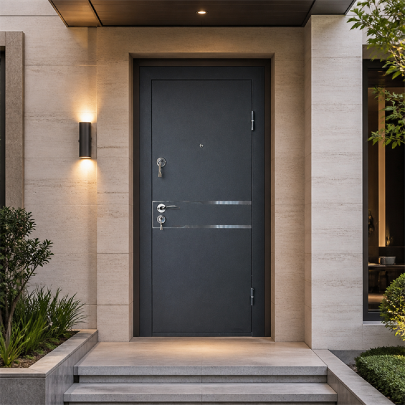 Russia Door Black Steel Door with Horizontal Metal Trim for Modern Building Entrance