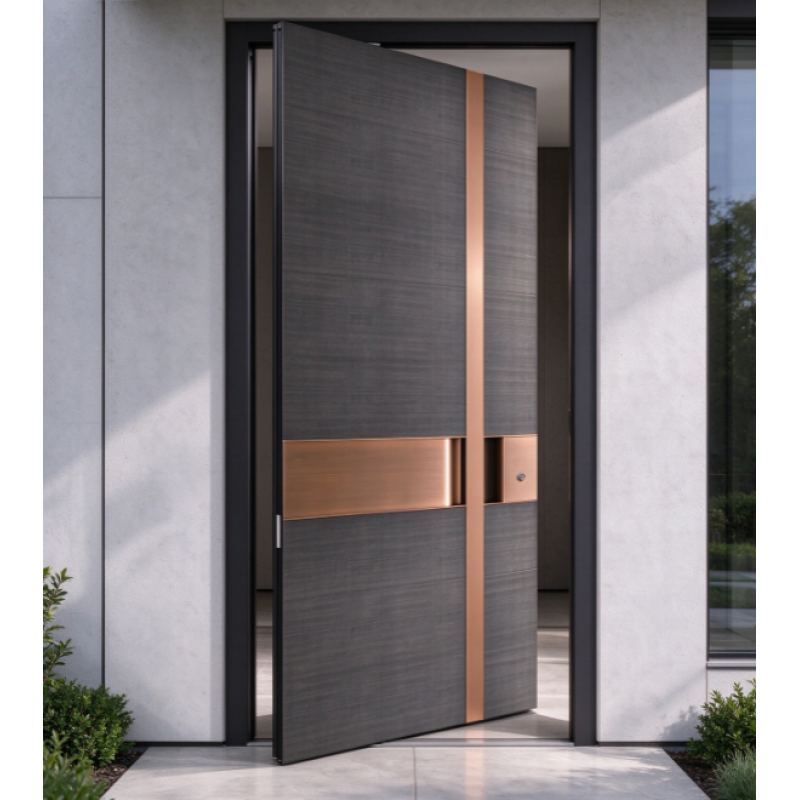 Modern Pivot Exterior Door, Black Exterior Villa Front Door with Gold Metal Decor Strips