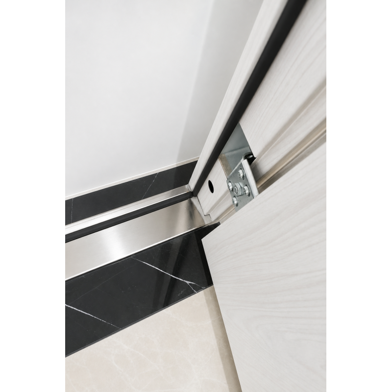 White Oak Wood Grain Exterior Front Entry Steel Security Door with Black Linear Accents for Villas