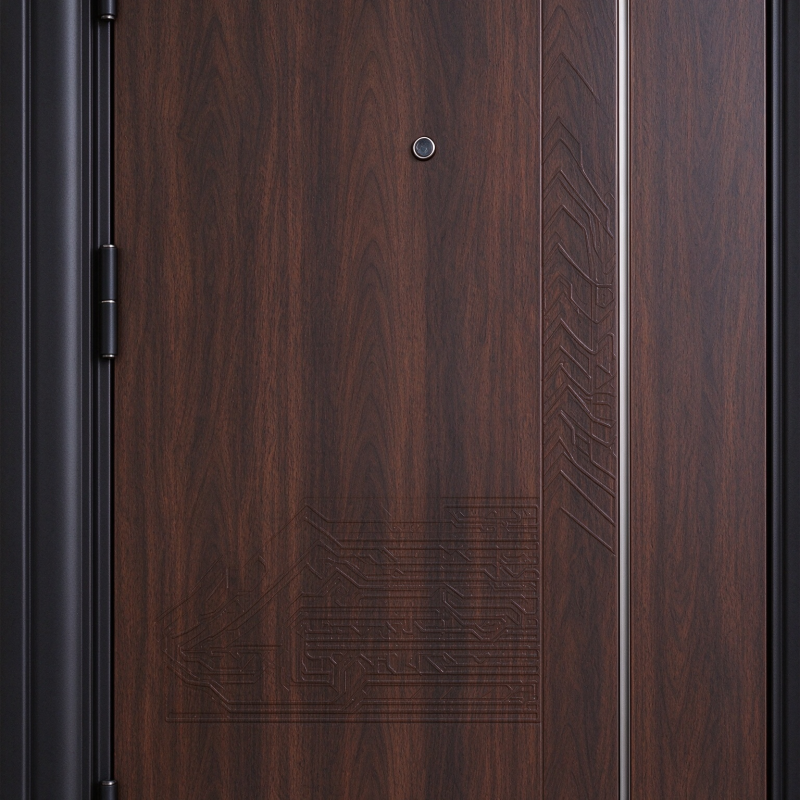 Steel Door of Dark Brown Wood Finish Steel Door for European Style Villa Building Entry