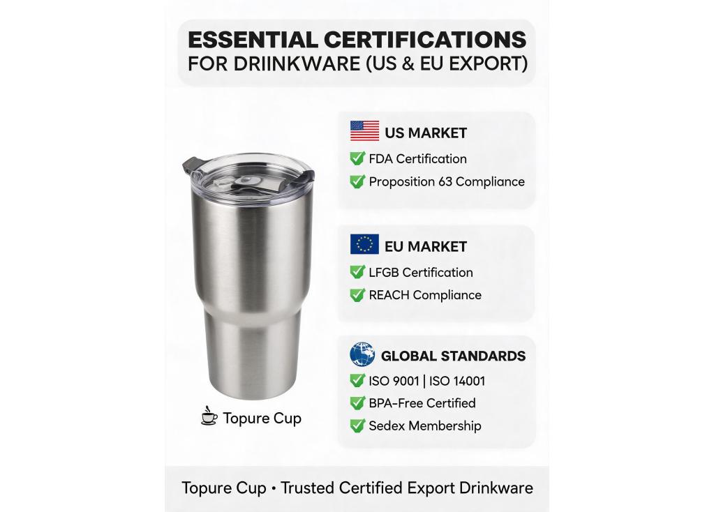 What certifications should a reliable drinkware manufacturer have for export to the US and EU markets?