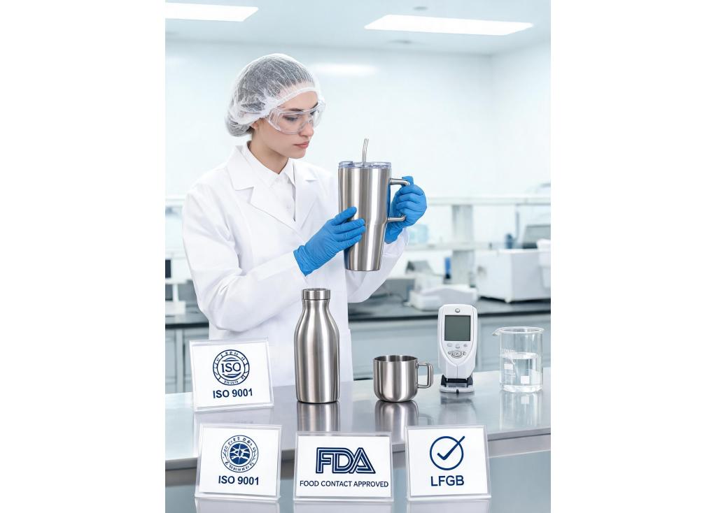 What certifications are required for stainless steel drinkware to ensure food safety and durability?
