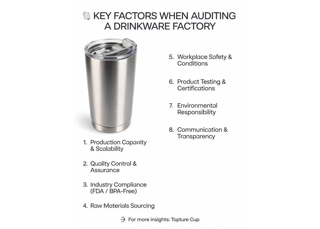 What are the key factors to check when auditing a drinkware factory for reliability and compliance?