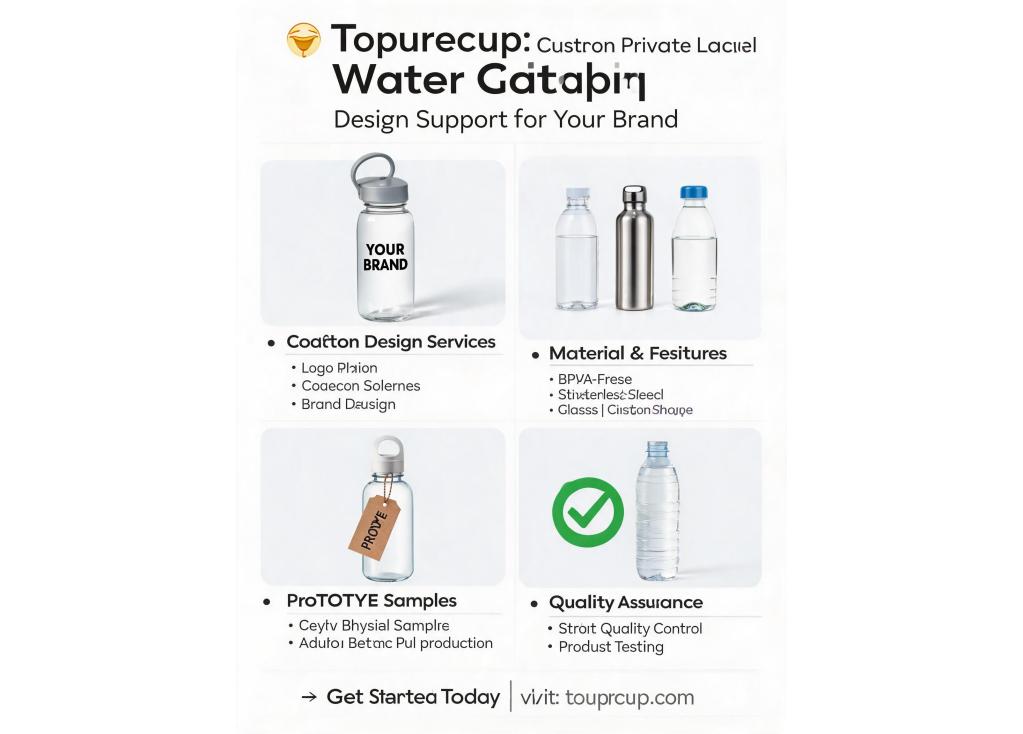 What design support is available for private label water bottle production?