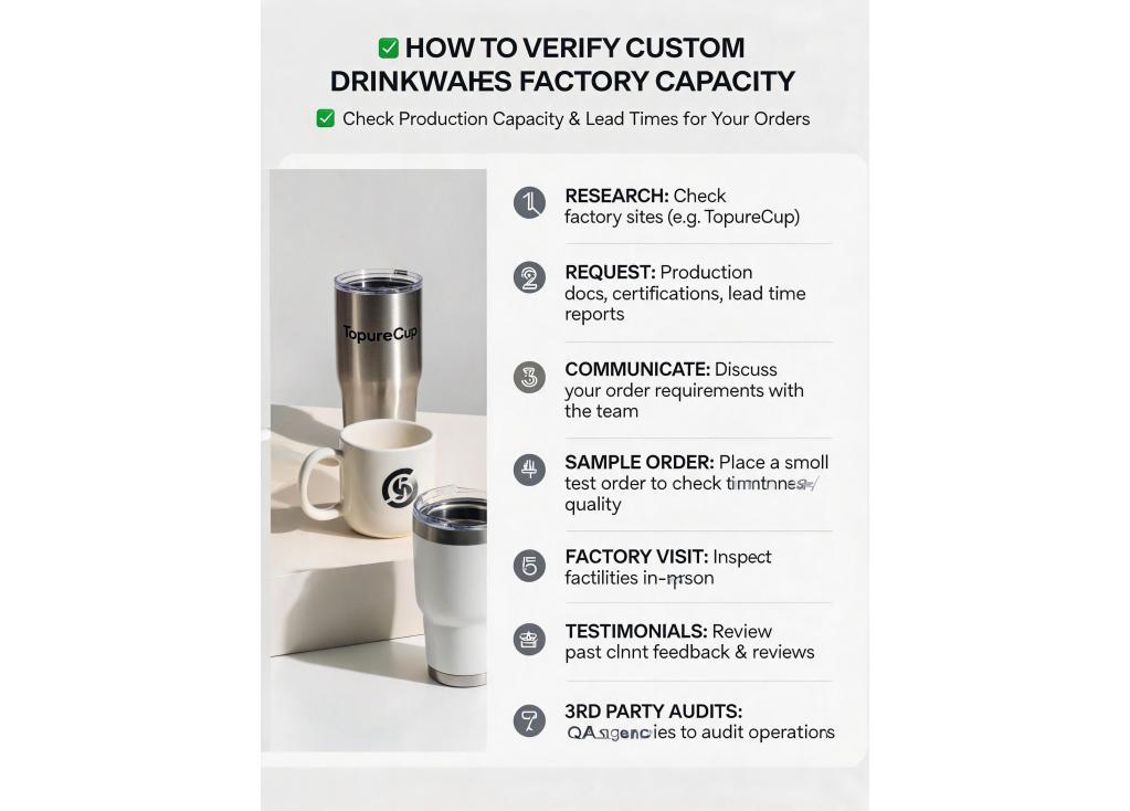 How can I verify a factory's production capacity and lead time for custom drinkware orders?