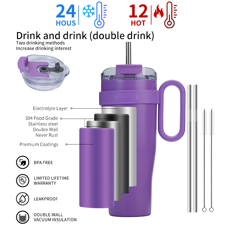 Vacuum Insulated Water Bottle Cups Double Wall Travel Coffee Mug 40oz Stainless Steel Tumbler with Straw and Lid