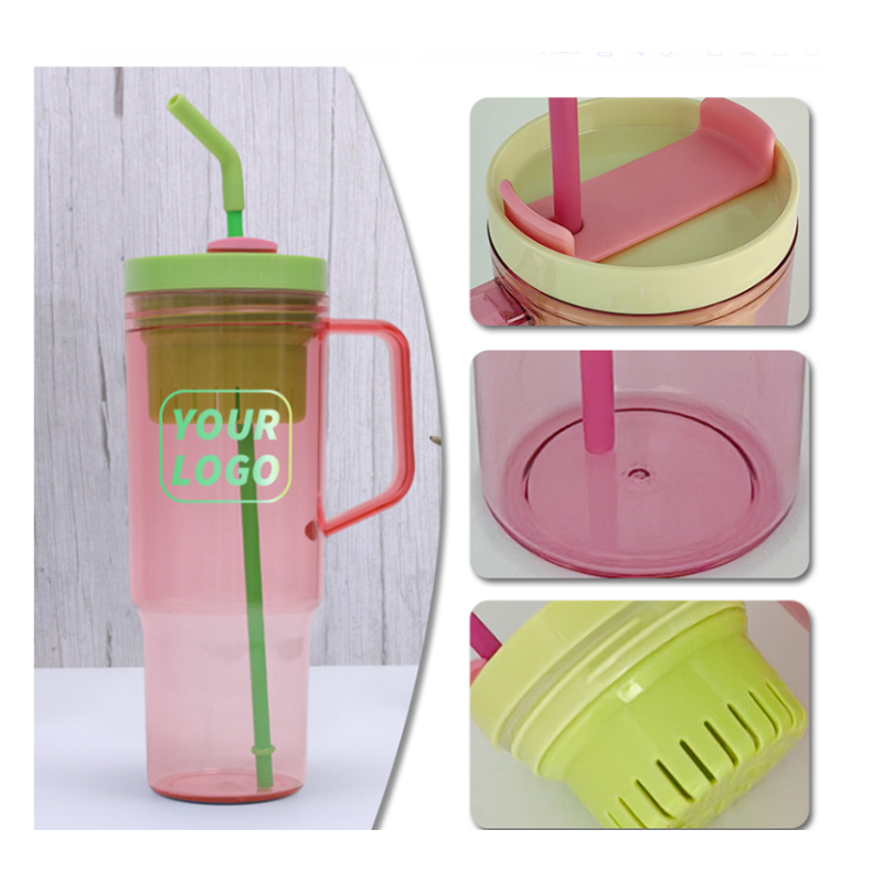 40oz BPA-Free Plastic Tumbler Car Mug Handle Straw Lid Double Wall Infuser Custom Logo Drink Water Bottle