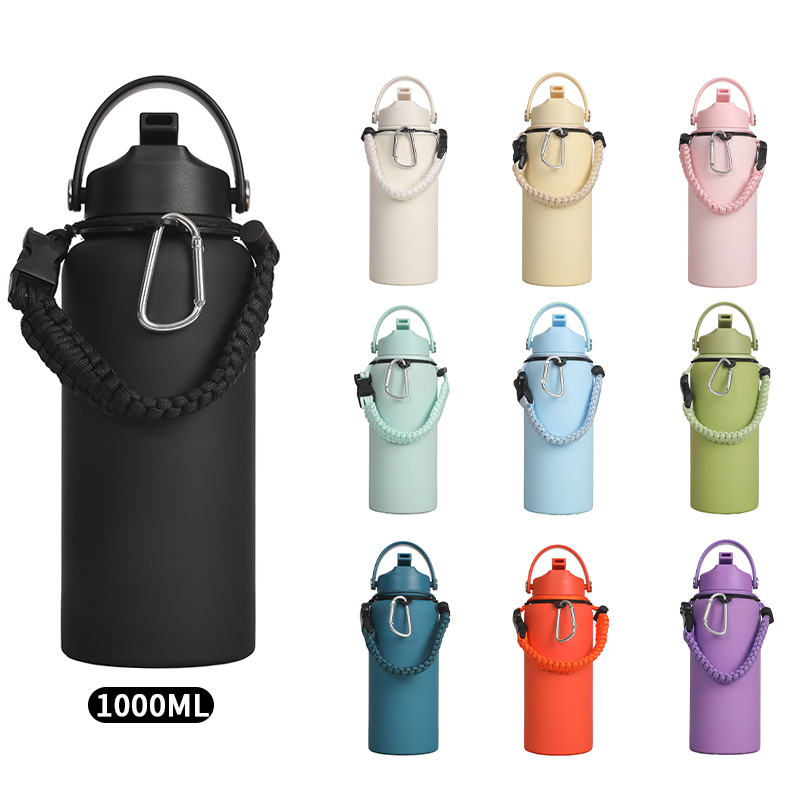 Portable 1L Double Wall Stainless Steel Insulated Vacuum Bottle Camping Outdoor Business Bottle with Braided Rope and Straw Lid
