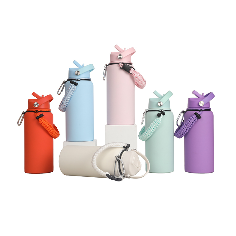 Portable 1L Double Wall Stainless Steel Insulated Vacuum Bottle Camping Outdoor Business Bottle with Braided Rope and Straw Lid