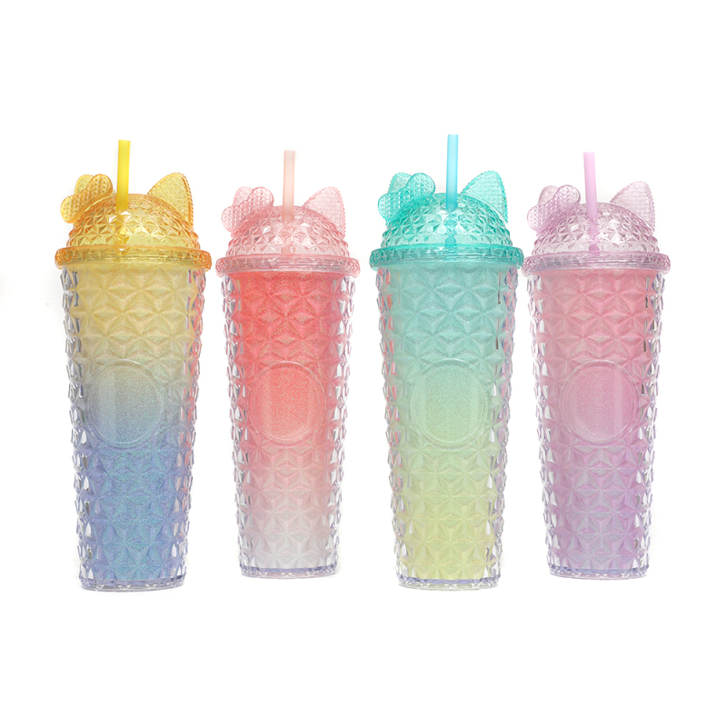 New wholesale black/red/pink Double wall 24oz straw cups plastic tumbler Cups with lids and straws party drink cups