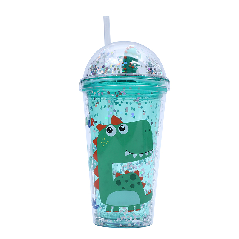 Reusable 480ml cartoon dinosaur plastic water bottle party cute gift plastic mug tumbler with straw lid