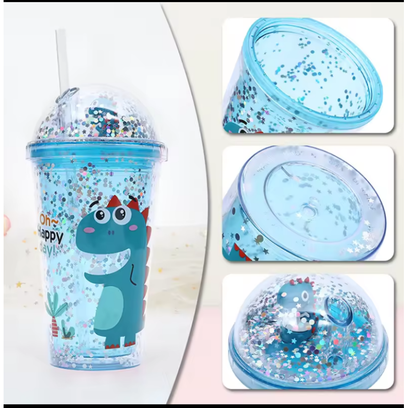 Reusable 480ml cartoon dinosaur plastic water bottle party cute gift plastic mug tumbler with straw lid