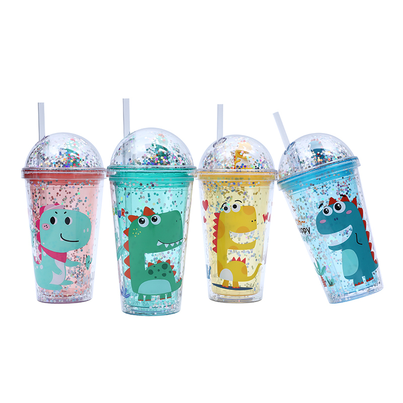 Reusable 480ml cartoon dinosaur plastic water bottle party cute gift plastic mug tumbler with straw  lid