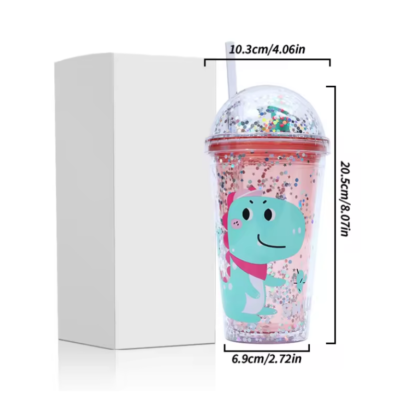 Reusable 480ml cartoon dinosaur plastic water bottle party cute gift plastic mug tumbler with straw lid