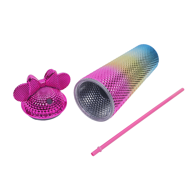 STARLII Custom Logo 24oz Diamond Pink Minnie Colorful Studded Plastic Tumbler Cup Cold Coffee Mug With Lid And Straw Diy