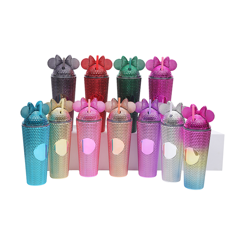 STARLII Custom Logo 24oz Diamond Pink Minnie Colorful Studded Plastic Tumbler Cup Cold Coffee Mug With Lid And Straw Diy