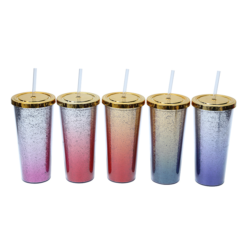 Wholesale Gradient color double-layer plastic cup glitter cup with straw 24 OZ tumbler cups in bulk