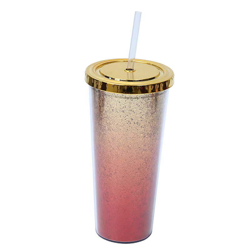 Wholesale Gradient color double-layer plastic cup glitter cup with straw 24 OZ tumbler cups in bulk