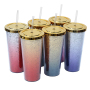 Wholesale Gradient color double-layer plastic cup glitter cup with straw 24 OZ tumbler cups in bulk