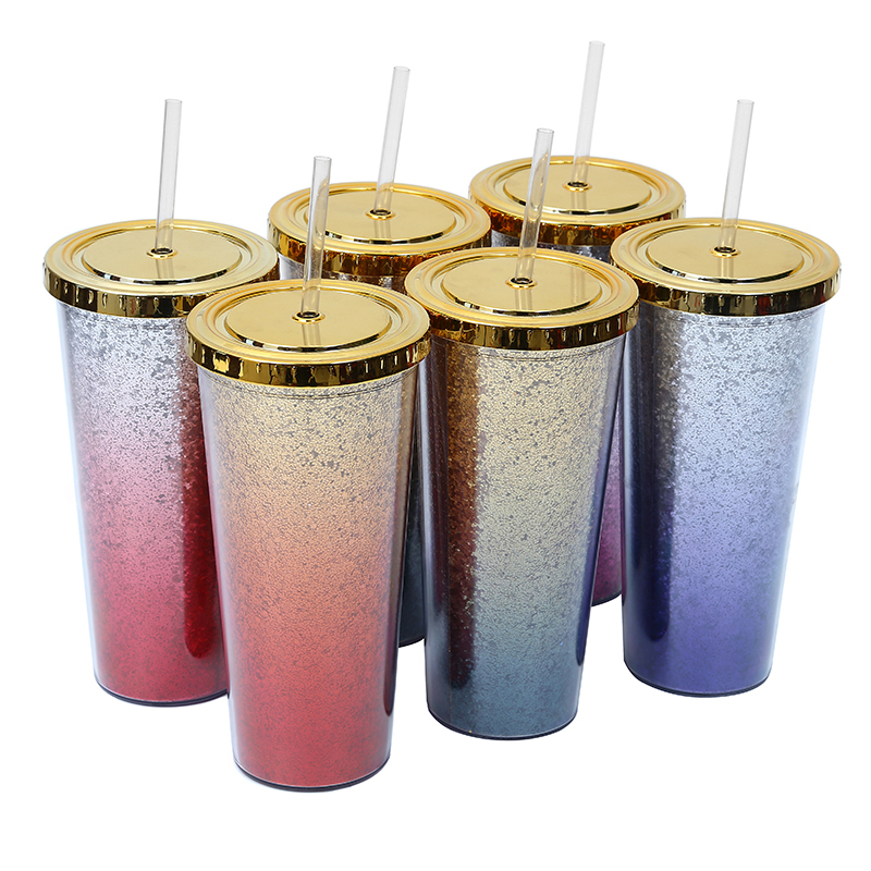 Wholesale Gradient color double-layer plastic cup glitter cup with straw 24 OZ tumbler cups in bulk