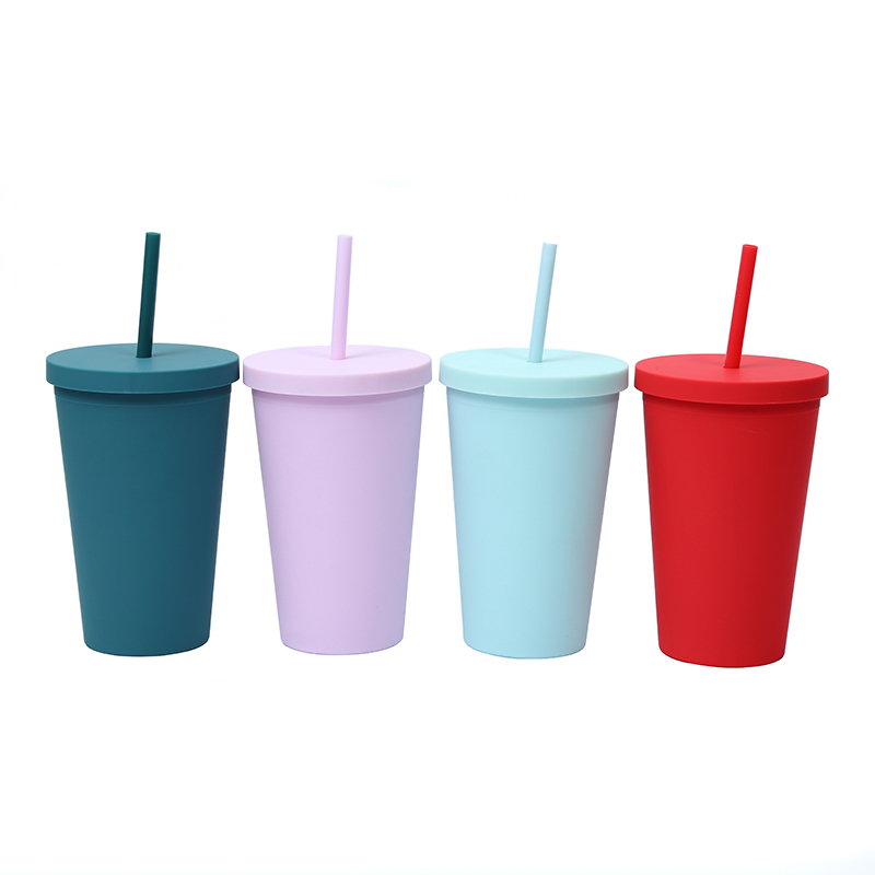 Cheap Double Wall Skinny Acrylic Cup Pastel Colored Matte Tumblers 16oz Plastic Reusable Tumbler Cups With Straw Lid